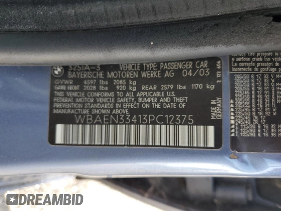 2003 BMW 3 Series 325i with VIN WBAEN33413PC12375, listed as a Copart auction lot 80742434 with 168,770 mi miles and Salvage Title. Bid and sale history available at carsss.com. Image 14.