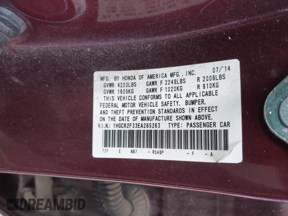2014 Honda Accord Sedan LX with VIN 1HGCR2F33EA285263, listed as a IAAI auction lot 41886888 with 110,852 mi miles. Bid and sale history available at carsss.com. Image 9.