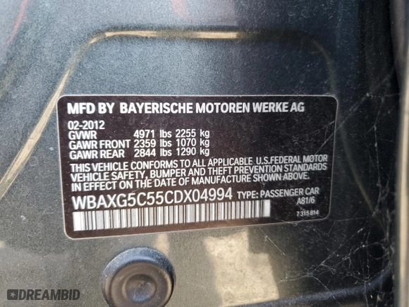 2012 BMW 5 Series 528i with VIN WBAXG5C55CDX04994, listed as a Copart auction lot 50713425 with 88,115 mi miles and Salvage Title. Bid and sale history available at carsss.com. Image 12.