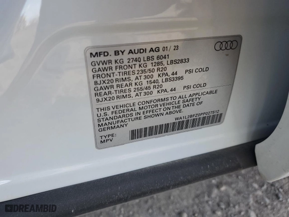 2023 Audi Q4 e-tron Premium Plus with VIN WA1L2BFZ0PP027512, listed as a Copart auction lot 67201434 with 0 mi miles and Salvage Title. Bid and sale history available at carsss.com. Image 13.
