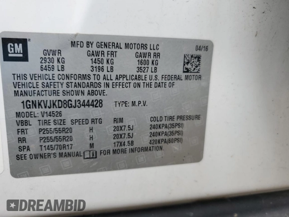 2016 Chevrolet Traverse LTZ with VIN 1GNKVJKD8GJ344428, listed as a Copart auction lot 51924805 with 159,700 mi miles and Clean Title. Bid and sale history available at DreamBid. Image 13.