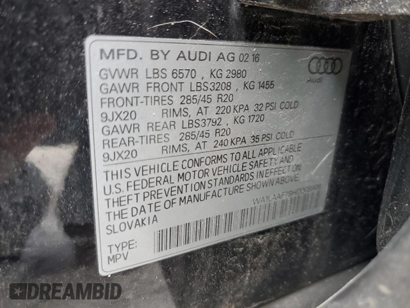 2017 Audi Q7 Premium Plus with VIN WA1LAAF79HD008908, listed as a Copart auction lot 53423665 with 179,650 mi miles and Clean Title. Bid and sale history available at carsss.com. Image 13.