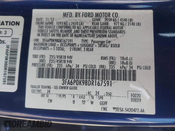 2013 Ford Fusion Titanium with VIN 3FA6P0K98DR167591, listed as a IAAI auction lot 42110477 with 160,971 mi miles. Bid and sale history available at carsss.com. Image 9.