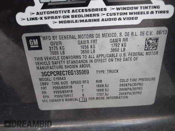 2014 Chevrolet Silverado 1500 LT with VIN 3GCPCREC7EG135069, listed as a IAAI auction lot 41999001 with 208,720 mi miles and . Bid and sale history available at DreamBid. Image 9.