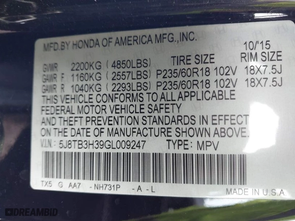 2016 Acura RDX with VIN 5J8TB3H39GL009247, listed as a IAAI auction lot 41590281 with 100,639 mi miles. Bid and sale history available at carsss.com. Image 9.
