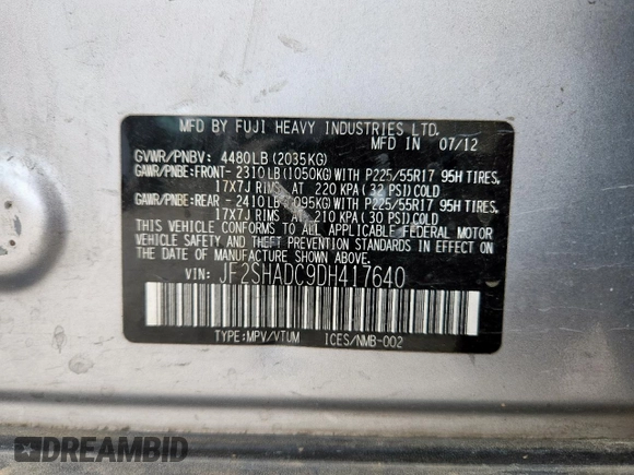2013 Subaru Forester X Premium with VIN JF2SHADC9DH417640, listed as a Copart auction lot 60470115 with 177,405 mi miles and Salvage title. Bid and sale history available at DreamBid. Image 13.