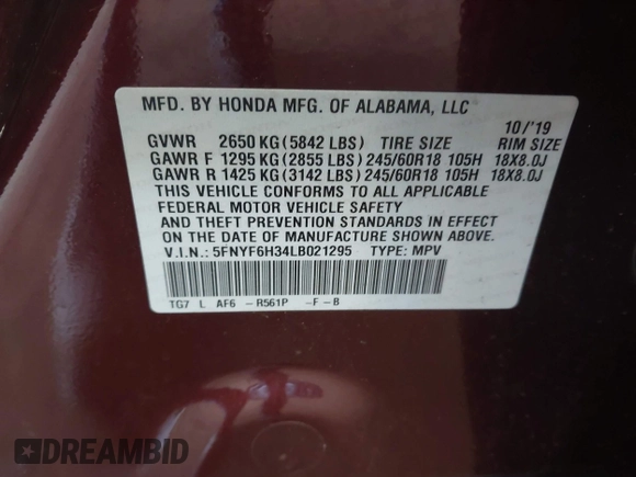 2020 Honda Pilot EX z VIN 5FNYF6H34LB021295, wystawiony jako IAAI lot #42051719 z przebiegiem 89 277 mil mil oraz . Historia ofert i sprzedaży dostępna na DreamBid. Obrazek 9.