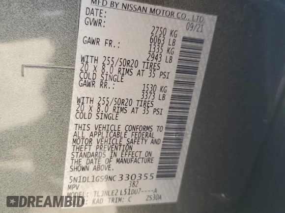 2022 Infiniti QX60 Sensory with VIN 5N1DL1GS9NC330355, listed as a Copart auction lot 61104205 with 31,248 mi miles and Salvage title. Bid and sale history available at DreamBid. Image 13.