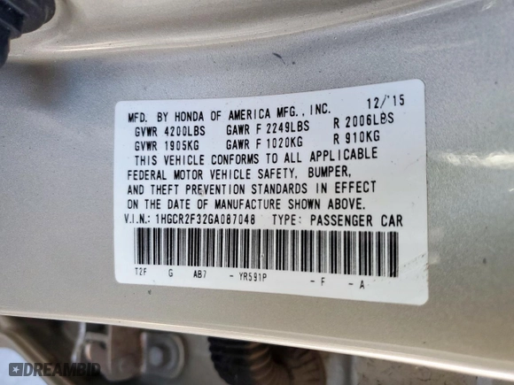 2016 Honda Accord Sedan LX with VIN 1HGCR2F32GA087048, listed as a Copart auction lot 44504565 with 130,936 mi miles and Salvage Title. Bid and sale history available at carsss.com. Image 12.