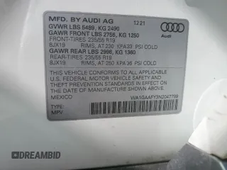 2022 Audi Q5 S line Premium with VIN WA1GAAFY3N2047799, listed as a Copart auction lot 52827315 with 22,846 mi miles and Salvage title. Bid and sale history available at DreamBid. Image 14.