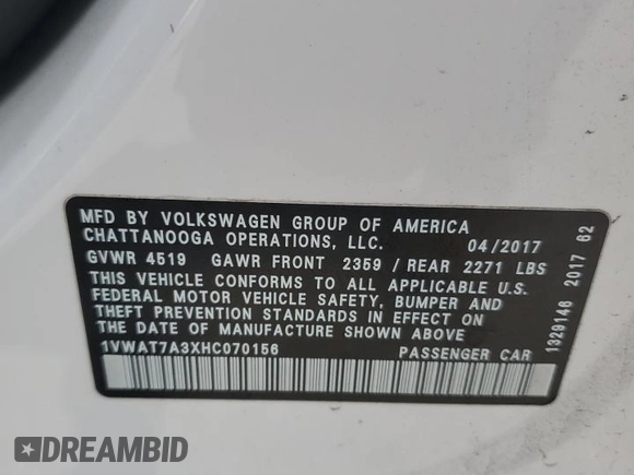 2017 Volkswagen Passat S with VIN 1VWAT7A3XHC070156, listed as a Copart auction lot 59596505 with 202,446 mi miles and Salvage title. Bid and sale history available at DreamBid. Image 12.