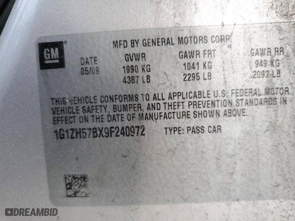 2009 Chevrolet Malibu LT w/1LT with VIN 1G1ZH57BX9F240972, listed as a Copart auction lot 47194875 with 135,954 mi miles and Salvage Title. Bid and sale history available at carsss.com. Image 14.