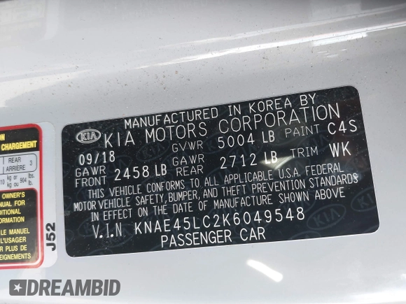 2019 Kia Stinger GT1 with VIN KNAE45LC2K6049548, listed as a IAAI auction lot 40970268 with 35,217 mi miles and . Bid and sale history available at DreamBid. Image 9.