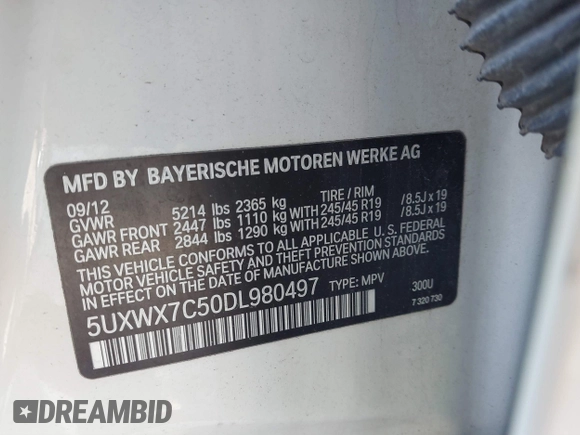 2013 BMW X3 xDrive35i with VIN 5UXWX7C50DL980497, listed as a IAAI auction lot 41729574 with Not Provided miles and . Bid and sale history available at DreamBid. Image 9.