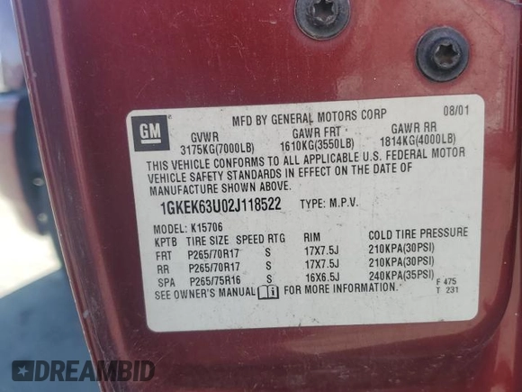 2002 GMC Yukon Denali z VIN 1GKEK63U02J118522, wystawiony jako Copart lot #52031995 z przebiegiem 166 332 mil mil oraz Szkoda całkowita • Salvage title. Historia ofert i sprzedaży dostępna na DreamBid. Obrazek 13.