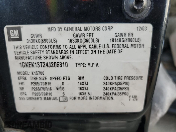 2004 GMC Yukon SLE with VIN 1GKEK13T24J206310, listed as a Copart auction lot 45712405 with 0 mi miles and Salvage Title. Bid and sale history available at carsss.com. Image 13.