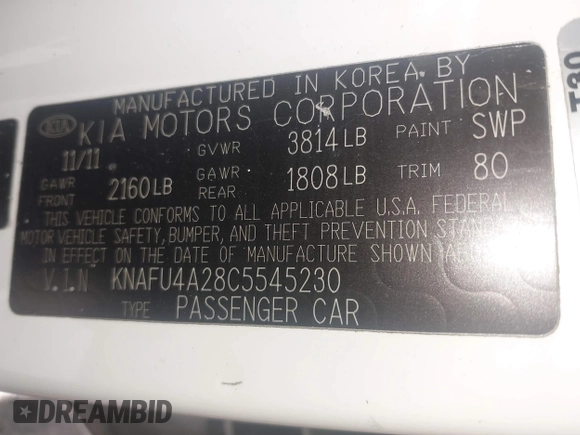 2012 Kia Forte EX with VIN KNAFU4A28C5545230, listed as a IAAI auction lot 42024581 with 292,797 mi miles. Bid and sale history available at carsss.com. Image 9.