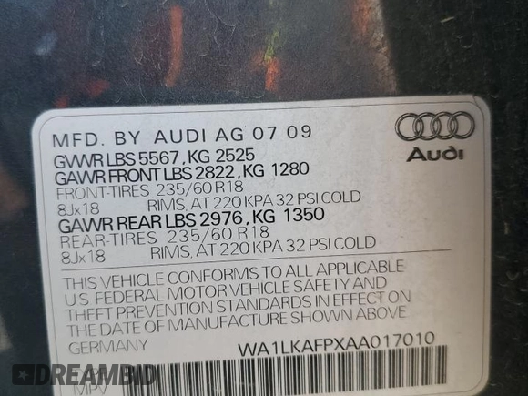 2010 Audi Q5 Premium Plus с VIN WA1LKAFPXAA017010, выставлен на аукционе Copart как лот 62428355 с пробегом 146 288 миль миль и Списание • Salvage title. История ставок и продаж доступна на DreamBid. Изображение 13.