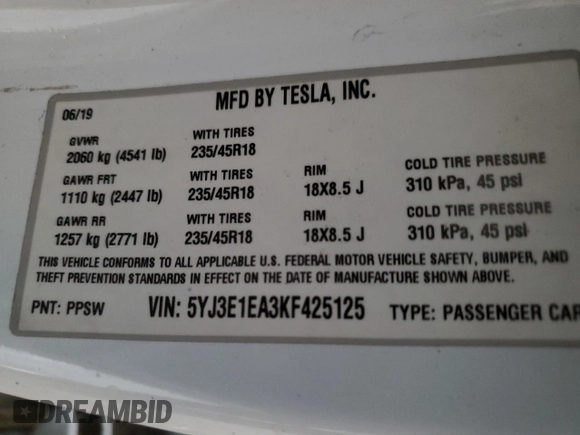 2019 Tesla Model 3 Mid Range with VIN 5YJ3E1EA3KF425125, listed as a Copart auction lot 82681864 with 105,345 mi miles and Salvage Title. Bid and sale history available at DreamBid. Image 12.
