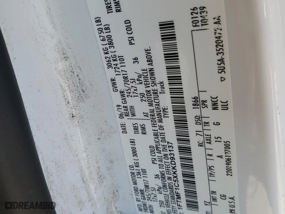 2019 Ford F-150 XL with VIN 1FTMF1C5XKKD93137, listed as a Copart auction lot 88786125 with 135,343 mi miles and Salvage Title. Bid and sale history available at carsss.com. Image 12.