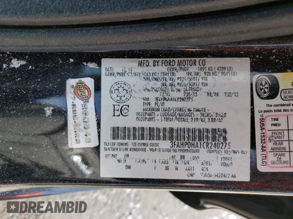 2012 Ford Fusion SE z VIN 3FAHP0HA1CR240275, wystawiony jako Copart lot #54240545 z przebiegiem 279 950 mil mil oraz Szkoda całkowita • Salvage title. Historia ofert i sprzedaży dostępna na DreamBid. Obrazek 12.
