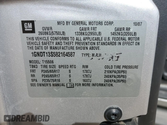 2008 Chevrolet TrailBlazer 3LT with VIN 1GNDT13S582164587, listed as a Copart auction lot 52594235 with 177,301 mi miles and Salvage Title. Bid and sale history available at DreamBid. Image 14.
