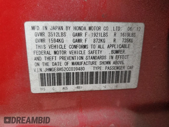 2012 Honda Fit Sport with VIN JHMGE8H52CC039480, listed as a Copart auction lot 48185445 with 106,663 mi miles and Salvage Title. Bid and sale history available at DreamBid. Image 14.