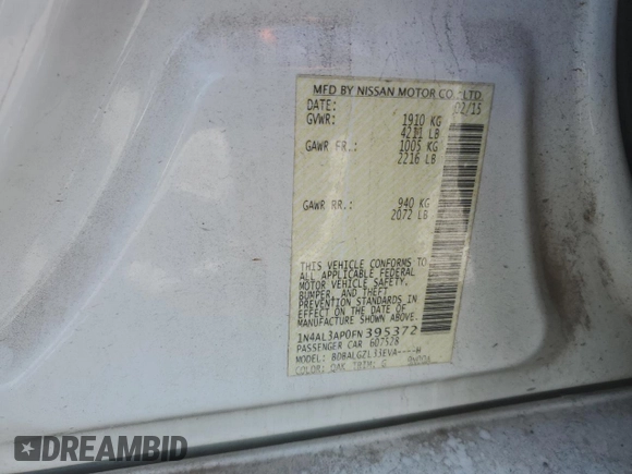 2015 Nissan Altima 2.5 S with VIN 1N4AL3AP0FN395372, listed as a Copart auction lot 48301755 with 186,538 mi miles and Salvage Title. Bid and sale history available at carsss.com. Image 14.