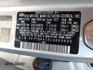 2020 Kia Sorento S z VIN 5XYPG4A58LG669899, wystawiony jako IAAI lot #42006231 z przebiegiem 58 268 mil mil oraz . Historia ofert i sprzedaży dostępna na DreamBid. Obrazek 9.