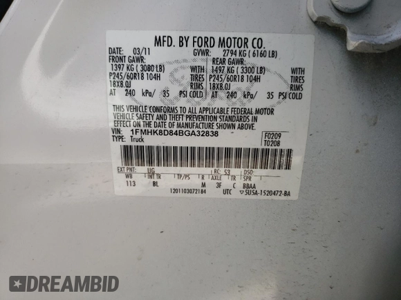 2011 Ford Explorer XLT with VIN 1FMHK8D84BGA32838, listed as a Copart auction lot 72419454 with Not Provided miles and Non Repairable. Bid and sale history available at DreamBid. Image 14.