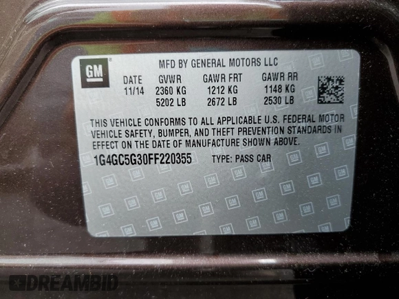 2015 Buick LaCrosse Leather with VIN 1G4GC5G30FF220355, listed as a Copart auction lot 56730955 with 71,575 mi miles and Salvage title. Bid and sale history available at DreamBid. Image 12.