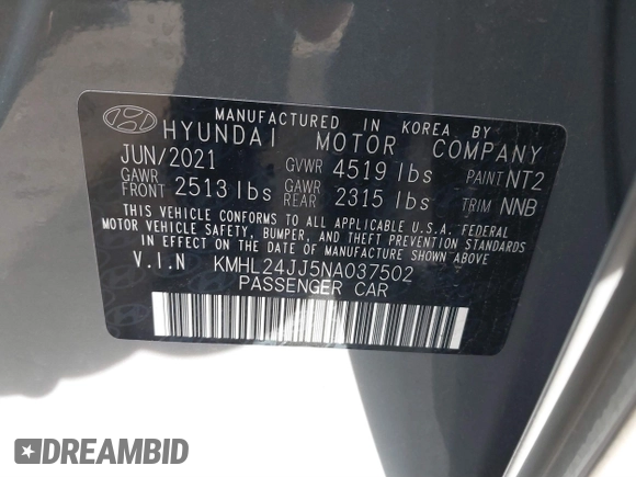2022 Hyundai Sonata Hybrid Blue with VIN KMHL24JJ5NA037502, listed as a IAAI auction lot 40975379 with 69,018 mi miles. Bid and sale history available at carsss.com. Image 9.