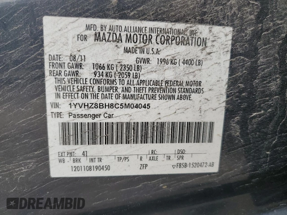 2012 Mazda 6 i Sport with VIN 1YVHZ8BH8C5M04045, listed as a Copart auction lot 60574725 with 178,156 mi miles and Non repairable. Bid and sale history available at DreamBid. Image 12.