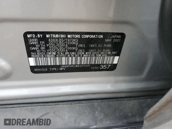 2021 Mitsubishi Outlander SE with VIN JA4APVAU3MU025935, listed as a Copart auction lot 57871655 with 63,451 mi miles and Salvage title. Bid and sale history available at DreamBid. Image 14.