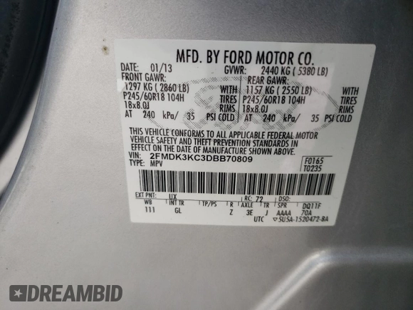 2013 Ford Edge Limited with VIN 2FMDK3KC3DBB70809, listed as a Copart auction lot 81579814 with 179,899 mi miles and Salvage Title. Bid and sale history available at DreamBid. Image 12.