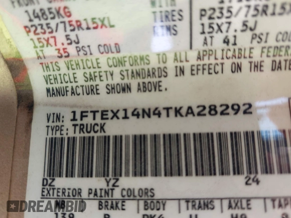 1996 Ford F-150 with VIN 1FTEX14N4TKA28292, listed as a IAAI auction lot 41422154 with 173,728 mi miles. Bid and sale history available at carsss.com. Image 9.