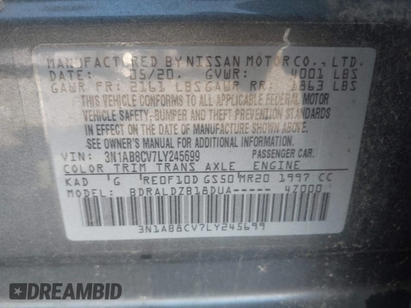 2020 Nissan Sentra SV with VIN 3N1AB8CV7LY245699, listed as a IAAI auction lot 41996373 with 35,625 mi miles and . Bid and sale history available at DreamBid. Image 9.