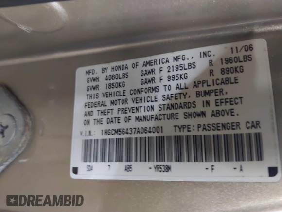 2007 Honda Accord LX with VIN 1HGCM564378064001, listed as a IAAI auction lot 42426510 with 86,574 mi miles and . Bid and sale history available at DreamBid. Image 9.