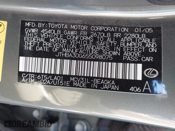 2005 Lexus ES 350 z VIN JTHBA30G655098075, wystawiony jako IAAI lot #42314272 z przebiegiem 78 012 mil mil oraz . Historia ofert i sprzedaży dostępna na DreamBid. Obrazek 9.