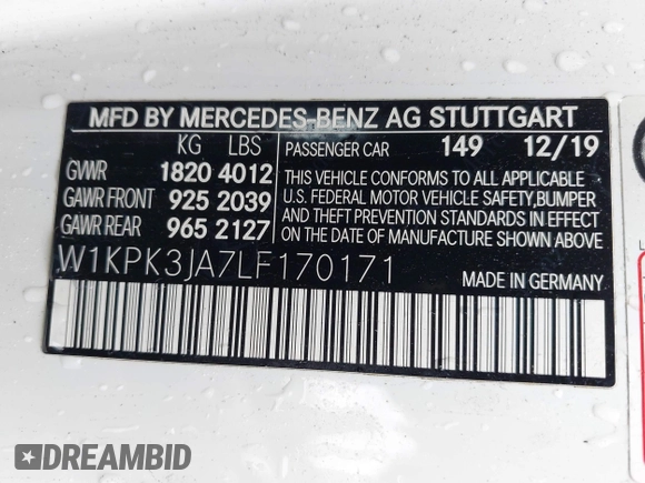2020 Mercedes-Benz SLC 300 с VIN W1KPK3JA7LF170171, выставлен на аукционе IAAI как лот 42119425 с пробегом 2 408 миль миль и . История ставок и продаж доступна на DreamBid. Изображение 9.