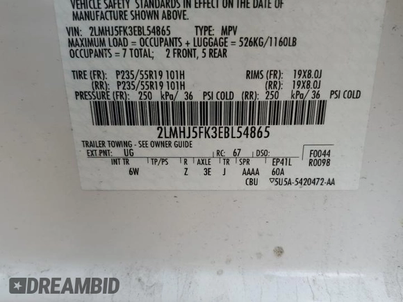 2014 Lincoln MKT with VIN 2LMHJ5FK3EBL54865, listed as a Copart auction lot 43979445 with 54,820 mi miles and Salvage Title. Bid and sale history available at DreamBid. Image 15.