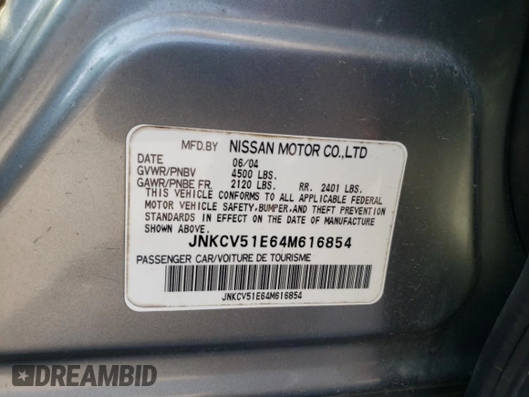 2004 Infiniti G35 w/Leather with VIN JNKCV51E64M616854, listed as a Copart auction lot 75179004 with Not Provided miles and Salvage Title. Bid and sale history available at DreamBid. Image 12.