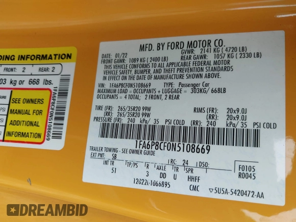 2022 Ford Mustang GT with VIN 1FA6P8CF0N5108669, listed as a IAAI auction lot 42352843 with 30,598 mi miles and . Bid and sale history available at DreamBid. Image 9.