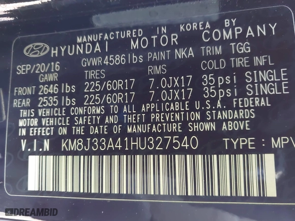2017 Hyundai Tucson SE Plus with VIN KM8J33A41HU327540, listed as a IAAI auction lot 41820850 with 129,227 mi miles. Bid and sale history available at carsss.com. Image 9.