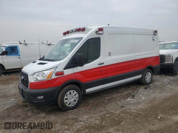 2021 Ford Transit z VIN 1FDBR1CG2MKA65340, wystawiony jako Copart lot #56920445 z przebiegiem Nie podano mil oraz Szkoda całkowita • Salvage title. Historia ofert i sprzedaży dostępna na DreamBid. Obrazek 1.