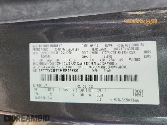 2019 Ford F-250 XL with VIN 1FT7W2BT3KEF53800, listed as a IAAI auction lot 42670822 with 180,316 mi miles and . Bid and sale history available at DreamBid. Image 23.
