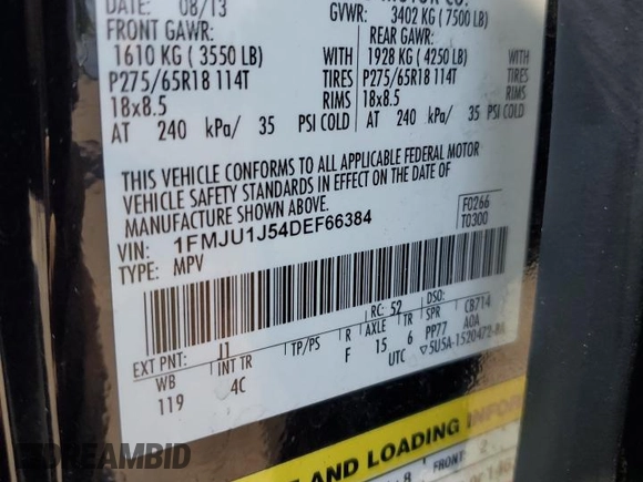 2013 Ford Expedition XLT with VIN 1FMJU1J54DEF66384, listed as a Copart auction lot 61155345 with 131,747 mi miles and Salvage title. Bid and sale history available at DreamBid. Image 13.