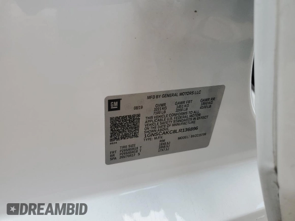 2020 Chevrolet Tahoe LS with VIN 1GNSCAKC8LR136896, listed as a Copart auction lot 58632255 with 53,267 mi miles and Salvage title. Bid and sale history available at DreamBid. Image 13.