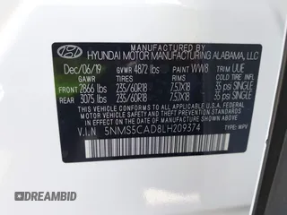 2020 Hyundai Santa Fe Limited with VIN 5NMS5CAD8LH209374, listed as a IAAI auction lot 42212130 with 32,378 mi miles and . Bid and sale history available at DreamBid. Image 9.