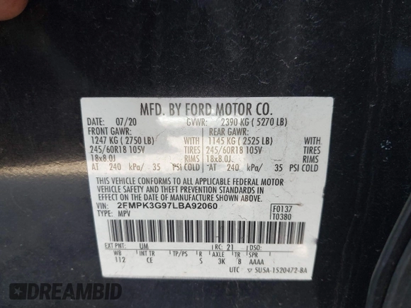 2020 Ford Edge SE z VIN 2FMPK3G97LBA92060, wystawiony jako IAAI lot #41791142 z przebiegiem 59 578 mil mil oraz . Historia ofert i sprzedaży dostępna na DreamBid. Obrazek 9.